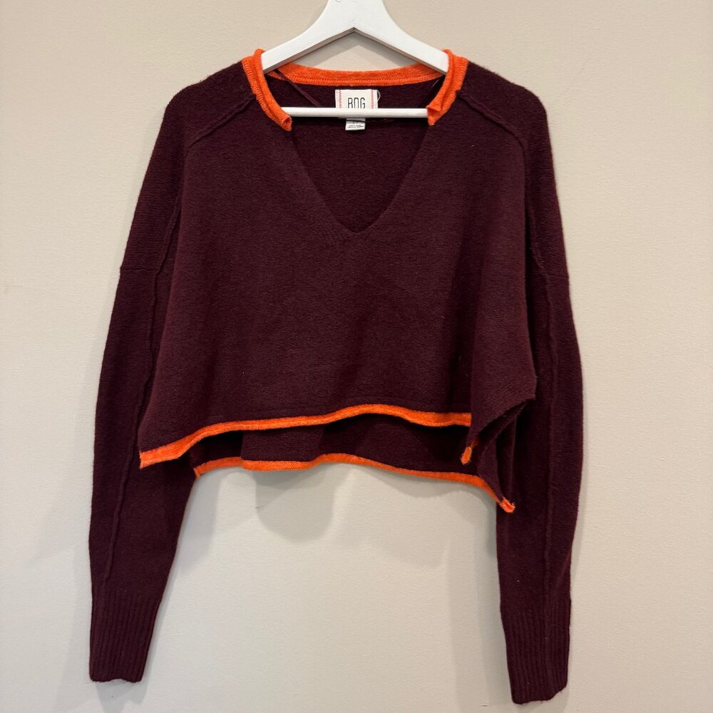 BDG Urban Outfitters Burgundy Cropped Sweater with Orange Contrast Trim Size Sma